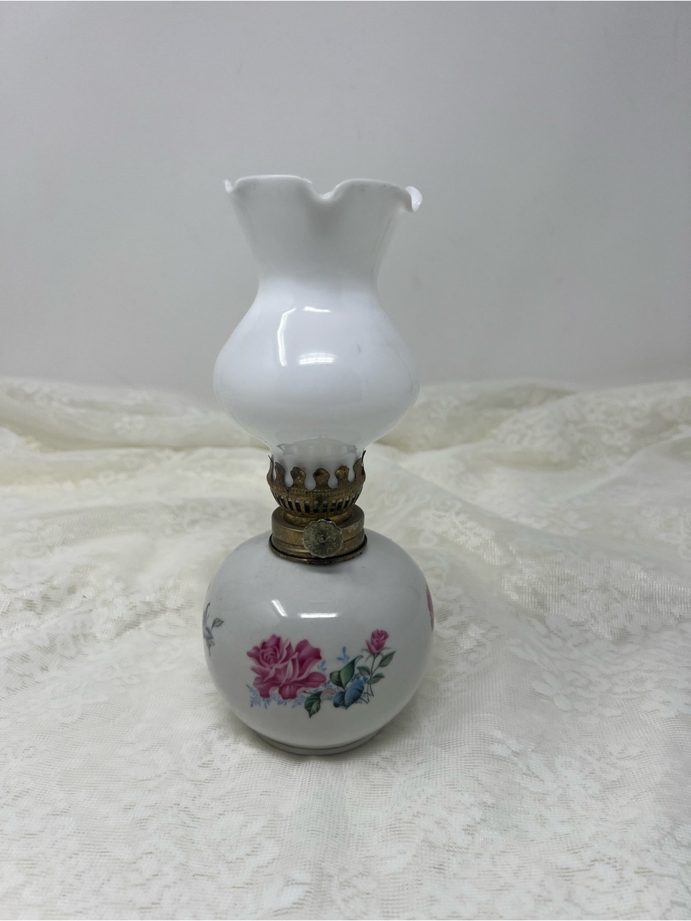 Vintage Milk Glass Mini Oil Lamp with Pink Rose Accent